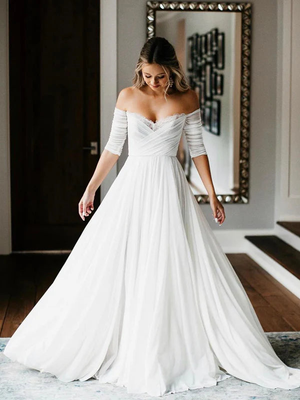 Luolandi Unique Chiffon Sweetheart Off-The-Shoulder Bridal Gowns A-line Wedding Dresses Elegant